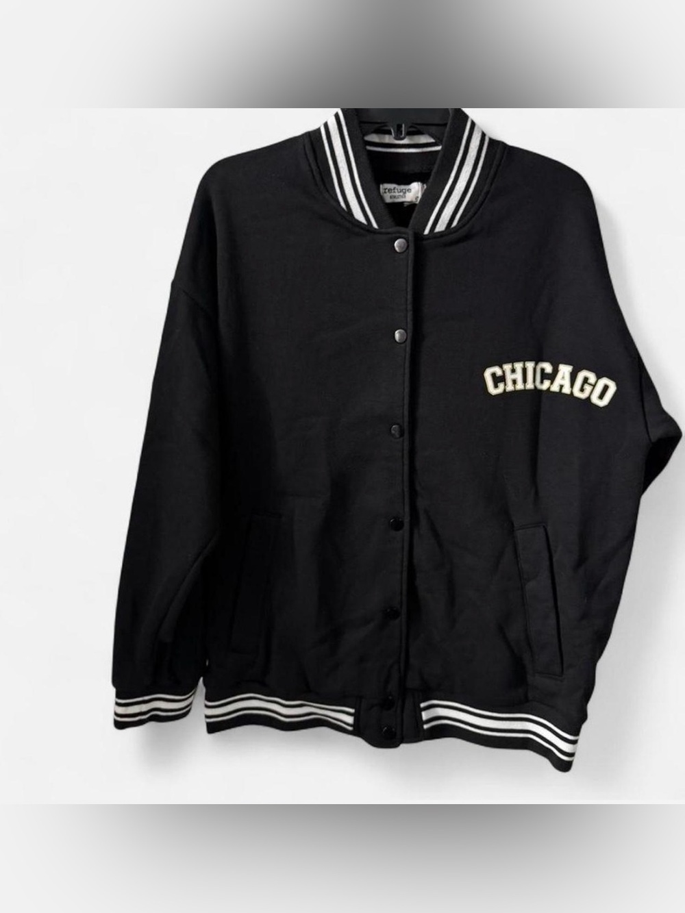 Refuge Athletics Black Varsity Jacket Men’s SZ-L LetterGraphicWhite StripedTrim